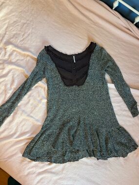 Free People Gray Knit Long Sleeve Tunic with Deep Purple Lace Bib